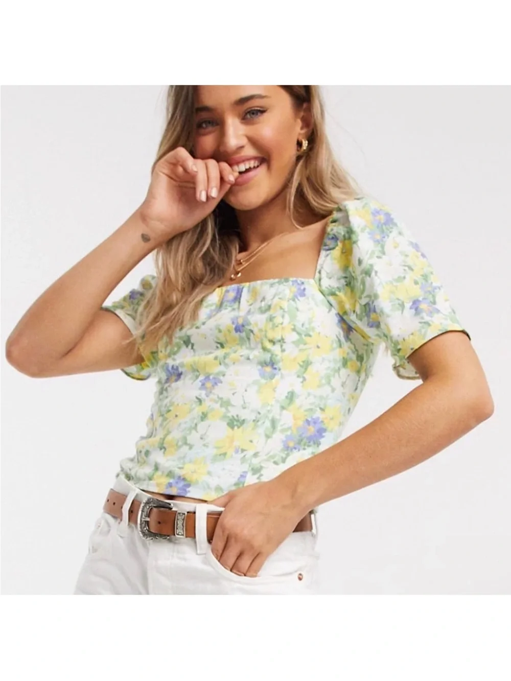 Abercrombie & Fitch Floral Puff Sleeve Crop Top Smocked XS Cottagecore